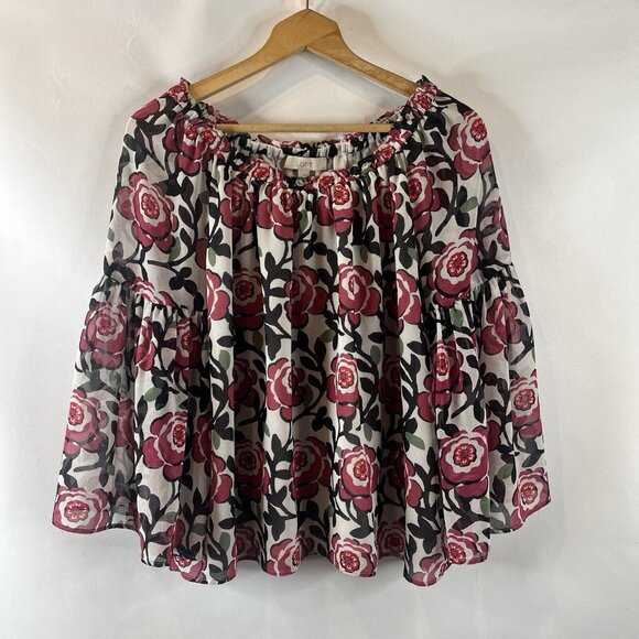 Loft Womens Blouse Top Size Large White Red Black Floral Flare Sleeve Peasant - Picture 2 of 9